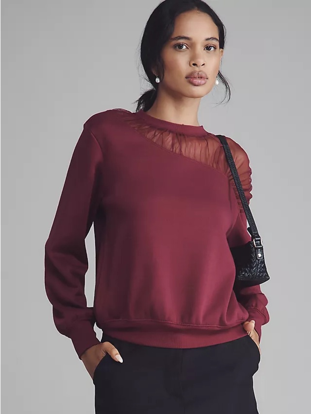 Anthropologie Maeve Maroon Wine Elevated Sheer Shoulder Sweatshirt Size 2X